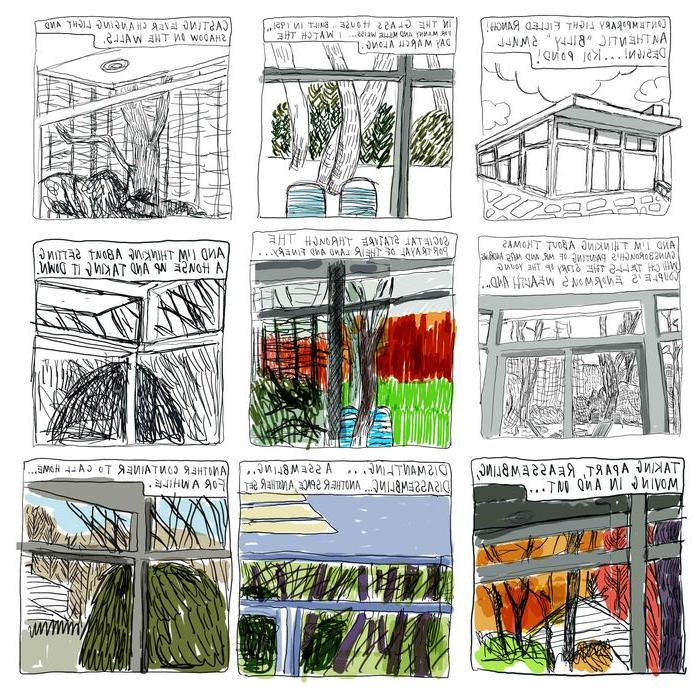 A comic strip depicting a glass house.