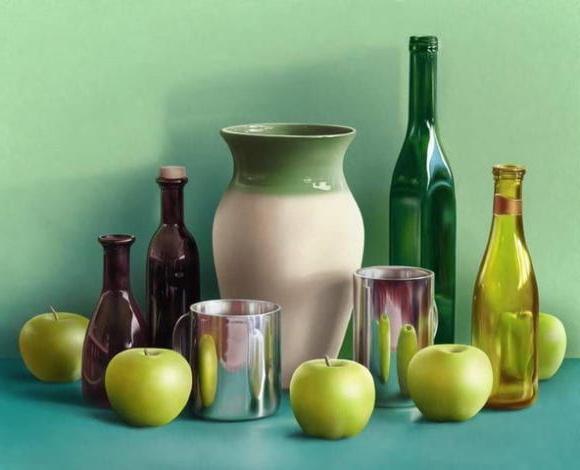 still life with apples, bottles